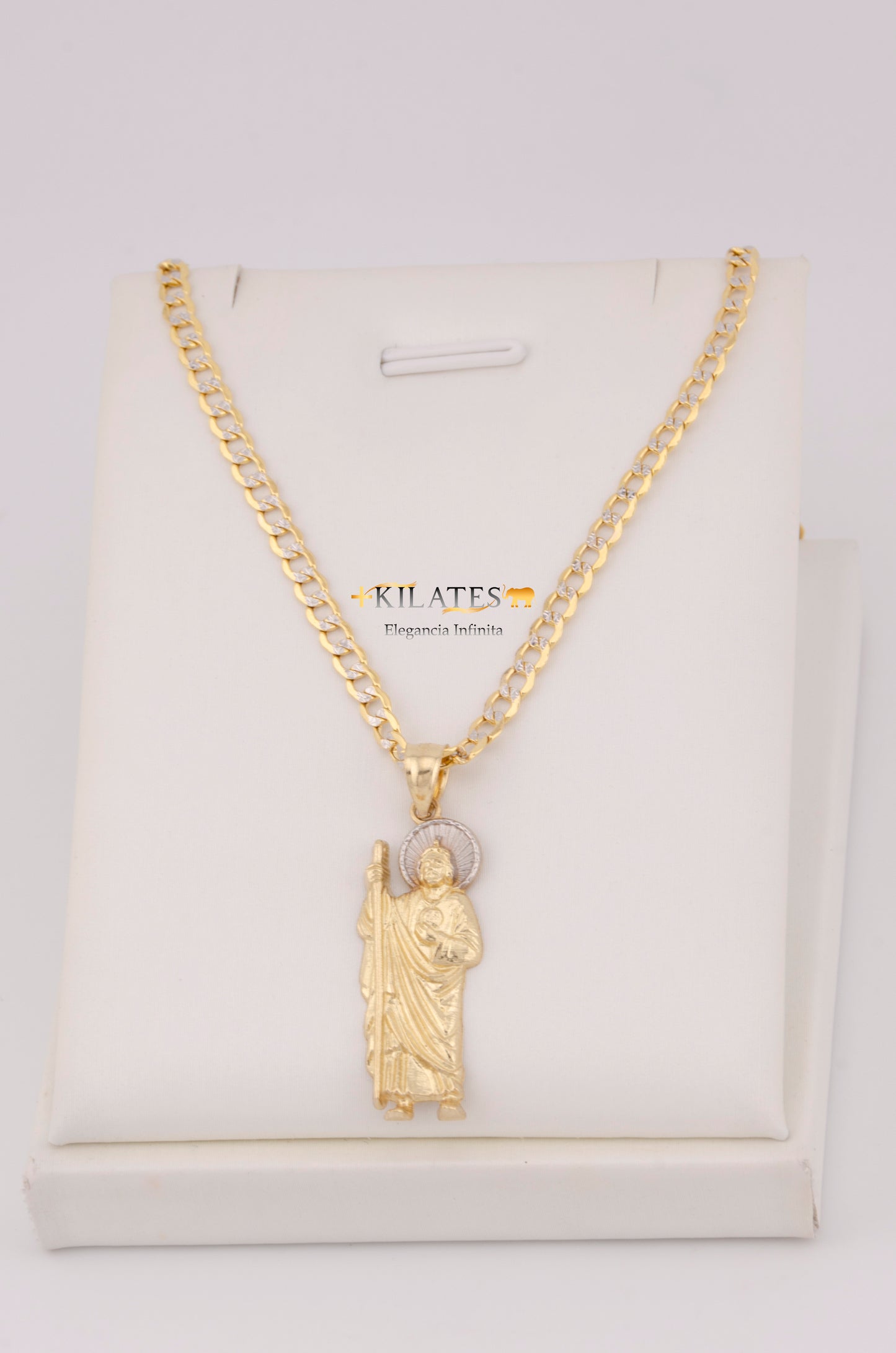 "CADENA DE 50CM PARA DAMA ESTILO CUBANA DIAMANTADA CON DIJE DE SAN JUDAS TADEO GRANDE. ORO 10K #775-3524"