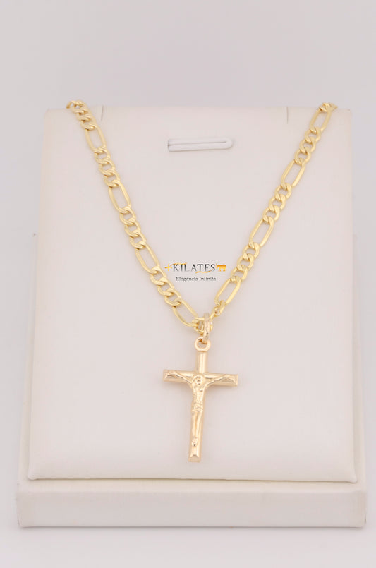 "CADENA PARA HOMBRE DE 60CM ESTILO 3+1 CON CRUZ DE TUBO MEDIANA CON JESUCRISTO. ORO 10K #775-3563"