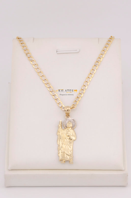 "CADENA PARA HOMBRE DE 60CM ESTILO CUBANA DIAMANTADA CON DIJE DE SAN JUDAS TADEO GRANDE. ORO 10K #775-3569"