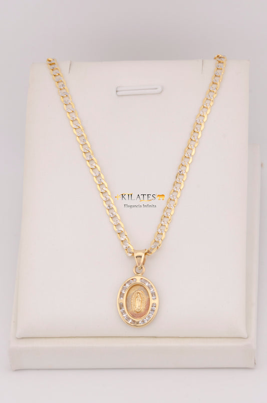 "CADENA PARA ADULTO DE 60CM ESTILO CUBANA DIAMANTADA CON DIJE OVLADO MEDIANO DE LA VIRGEN. ORO 10K #775-3574"