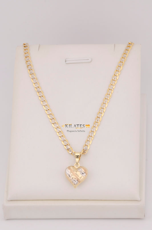 "CADENA PARA ADULTO DE 60CM ESTILO CUBANA DIAMANTADA CON DIJE DE CORAZON 3 TONOS GRANDE GRANDE. ORO 10K #775-3572"