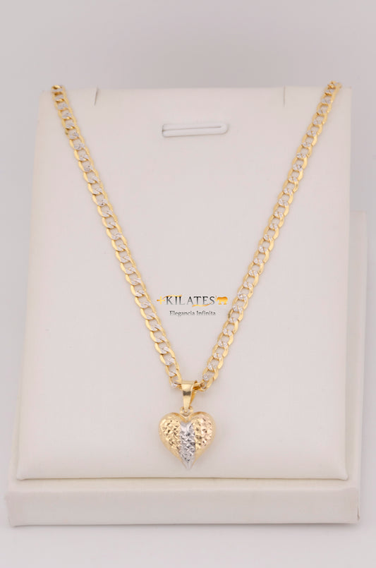 "CADENA PARA ADULTO DE 60CM ESTILO CUBANA DIAMANTADA CON DIJE DE CORAZON 3 TONOS GRANDE GRANDE. ORO 10K #775-3570"