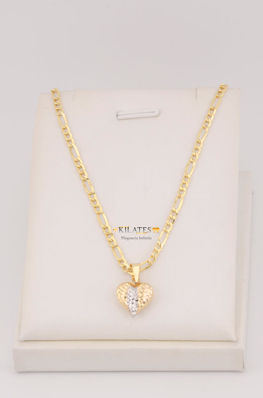 "CADENA PARA ADULTO DE 60CM ESTILO 3+1 CON DIJE DE CORAZON 3 TONOS GRANDE. ORO 10K #775-3582"