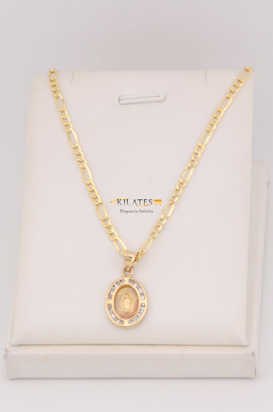 "CADENA PARA ADULTO DE 60CM ESTILO 3+1 CON DIJE MEDIANO OVALADO DE LA VIRGEN. ORO 10K #775-3579"