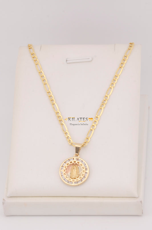 "CADENA PARA ADULTO DE 60CM ESTILO 3+1 CON DIJE MEDIANO REDONDO DE LA VIRGEN. ORO 10K #775-3578"