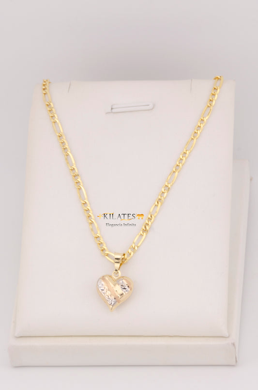"CADENA PARA ADULTO DE 60CM ESTILO 3+1 CON DIJE DE CORAZON 3 TONOS GRANDE. ORO 10K #775-3584"