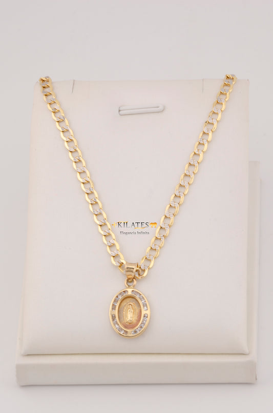"CADENA PARA ADULTO DE 60CM ESTILO CUBANA DIAMANTADA CON DIJE OVALADO MEDIANO DE LA VIRGEN. ORO 10K #775-3595"