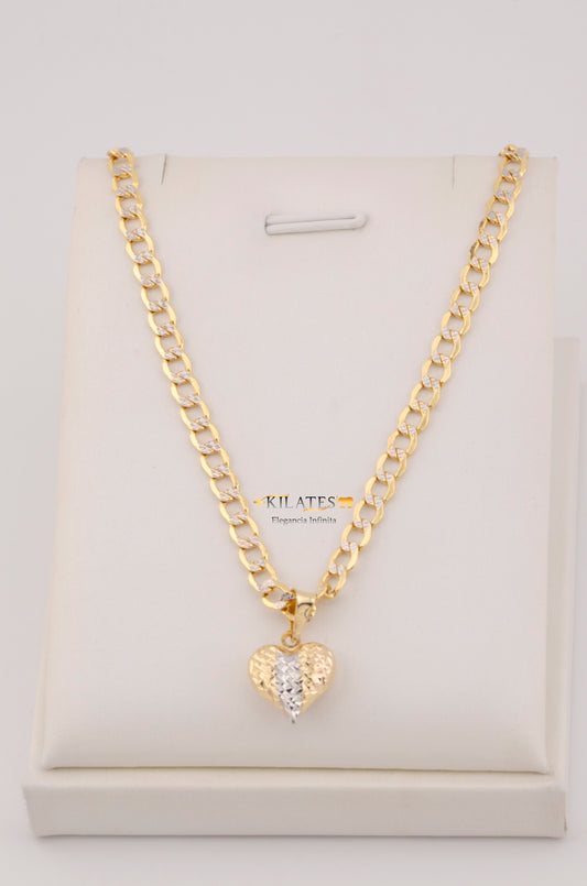 "CADENA PARA ADULTO DE 60CM ESTILO CUBANA DIAMANTADA CON DIJE DE CORAZON 3 TONOS GRANDE. ORO 10K #775-3592"