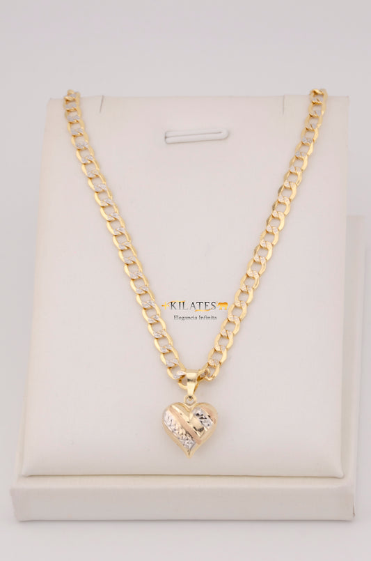"CADENA PARA ADULTO DE 60CM ESTILO CUBANA DIAMANTADA CON DIJE CORAZON 3 TONOS GRANDE. ORO 10K #775-3594"