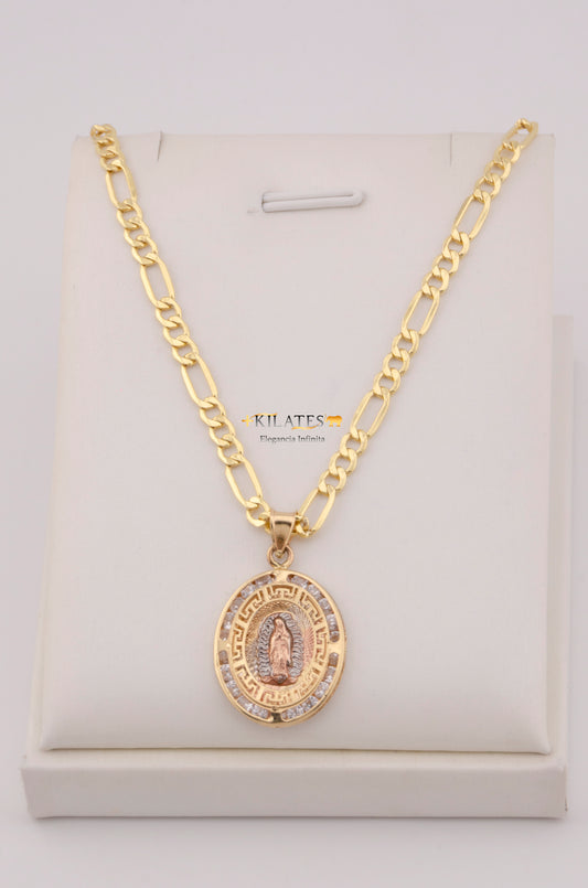 "CADENA PARA ADULTO DE 60CM ESTILO 3+1 CON DIJE OVALADO GRANDE DE LA VIRGEN. ORO 10K #775-3597"