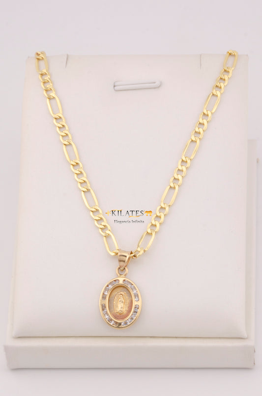 "CADENA PARA ADULTO DE 60CM ESTILO 3+1 CON DIJE OVALADO MEDIANO DE LA VIRGEN. ORO 10K #775-3600"