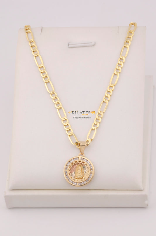 "CADENA PARA ADULTO DE 60CM ESTILO 3+1 CON DIJE REDONDO MEDIANO DE LA VIRGEN. ORO 10K #775-3598"