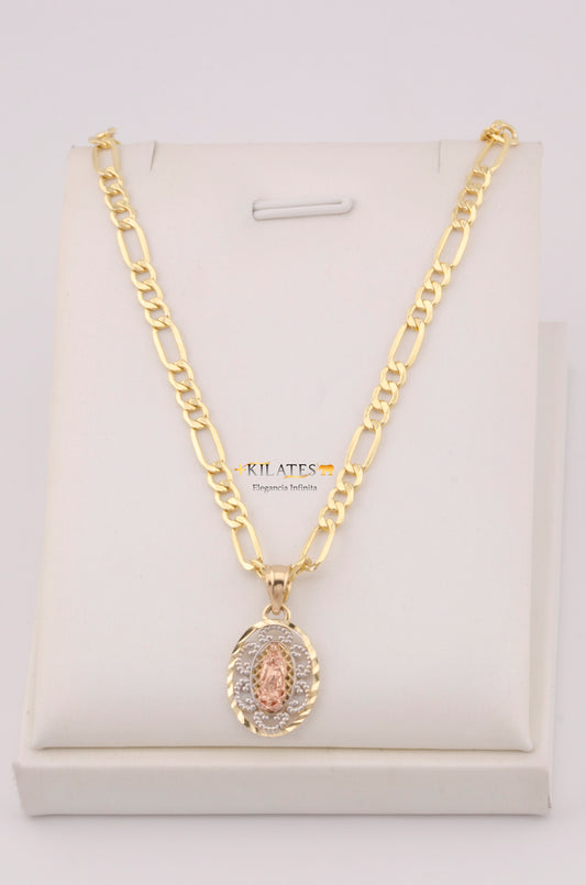 "CADENA PARA ADULTO DE 60CM ESTILO 3+1 CON DIJE PLACA 3 TONOS DE LA VIRGEN. ORO 10K #775-3599"