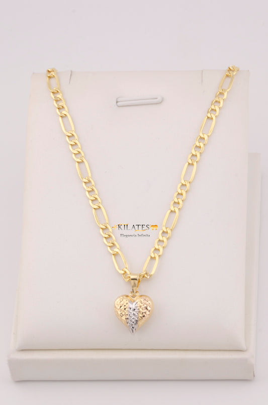 "CADENA PARA ADULTO DE 60CM ESTILO 3+1 CON DIJE DE CORAZON 3 TONOS GRANDE. ORO 10K #775-3606"