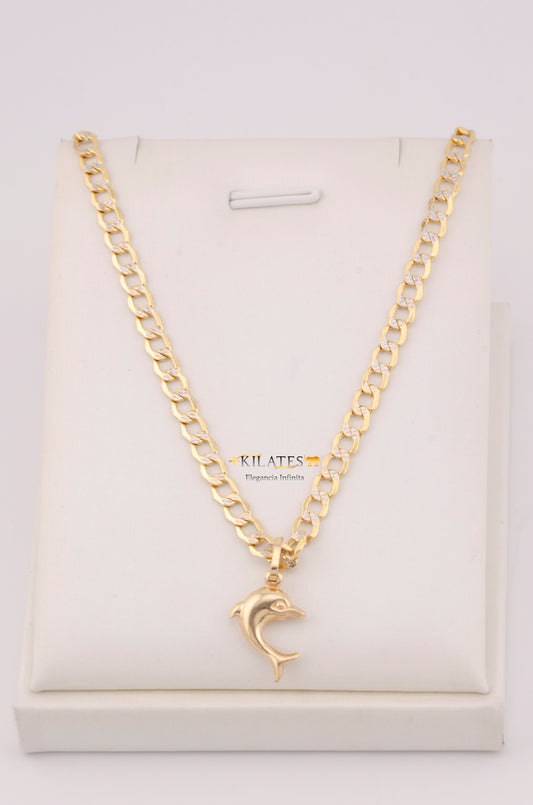 "CADENA PARA ADULTO DE 60CM ESTILO CUBANA DIAMANTADA CON DIJE DE DELFIN MEDIANO. ORO 10K #775-3593"