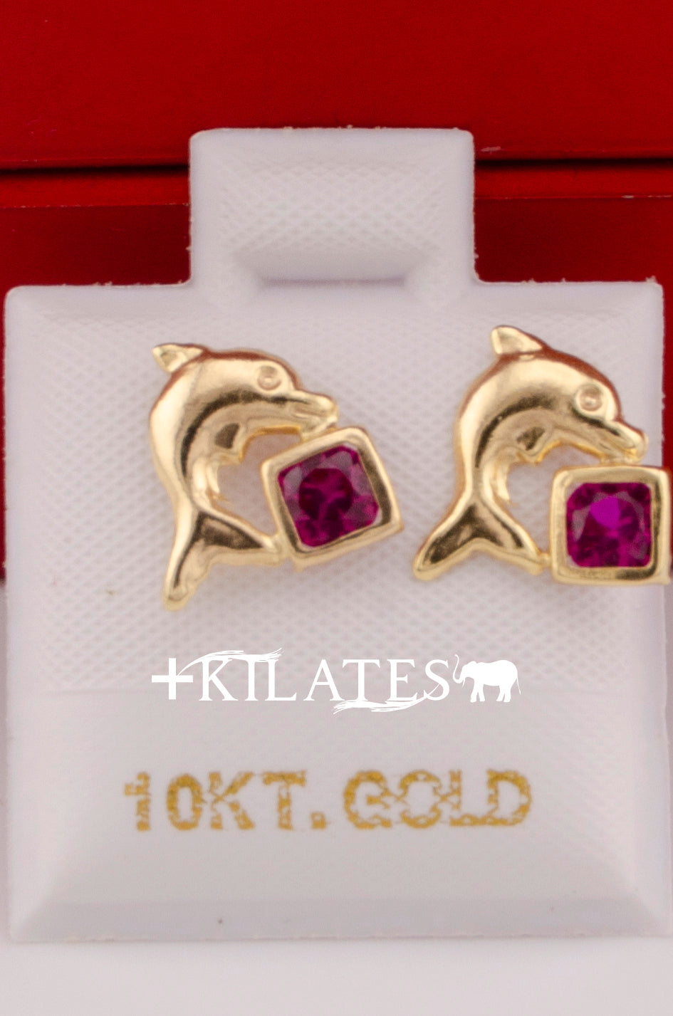 "ARETES PREMIUM DE DELFIN CON ZIRCONIA ROJA ROBI. ORO 10K #775-3611"
