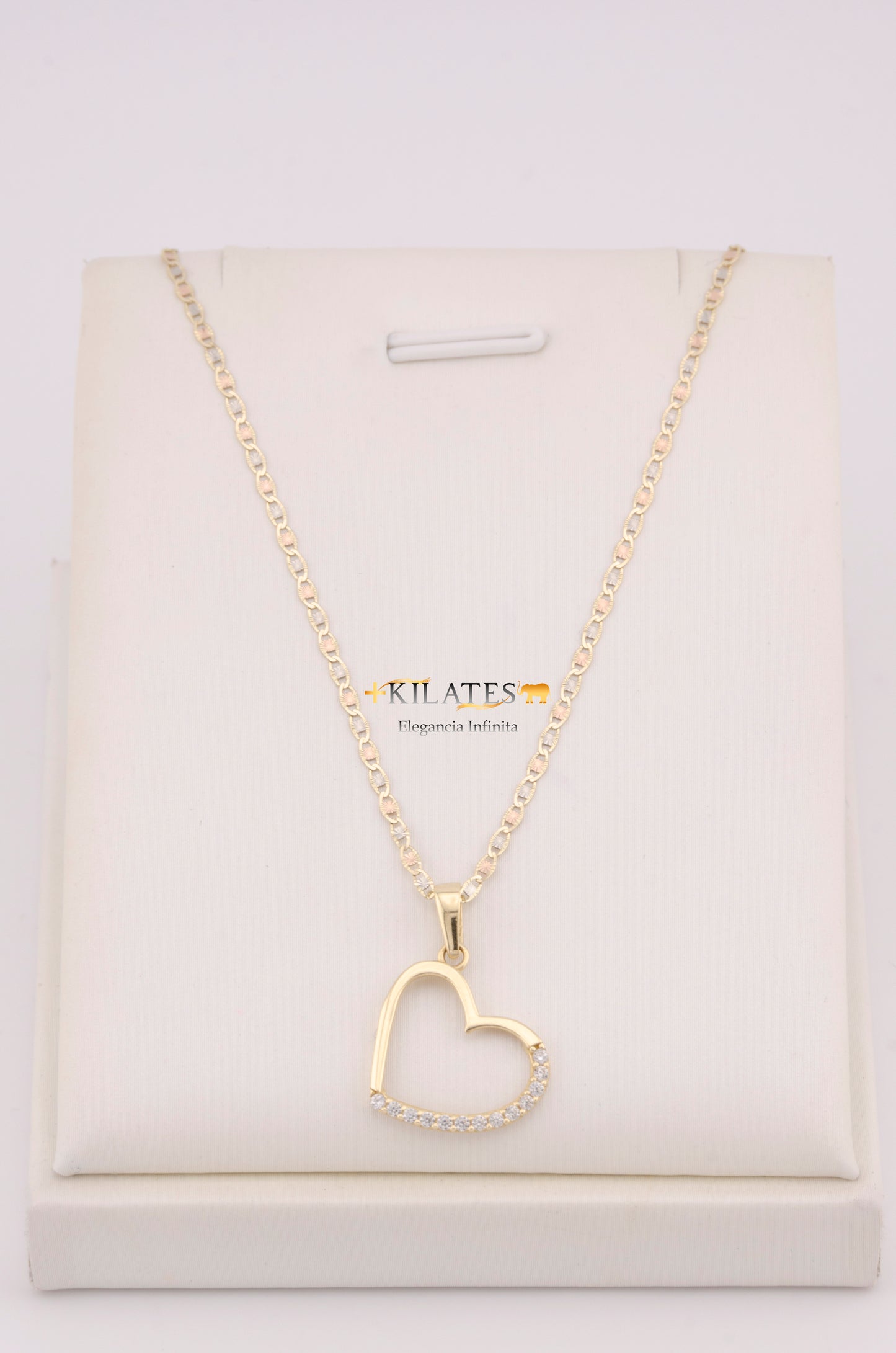 "CADENA PARA DAMA ESTILO 3 OROS CON DIJE DE CORAZON CON ZIRCONIA BLANCA. ORO 10K #775-3625"