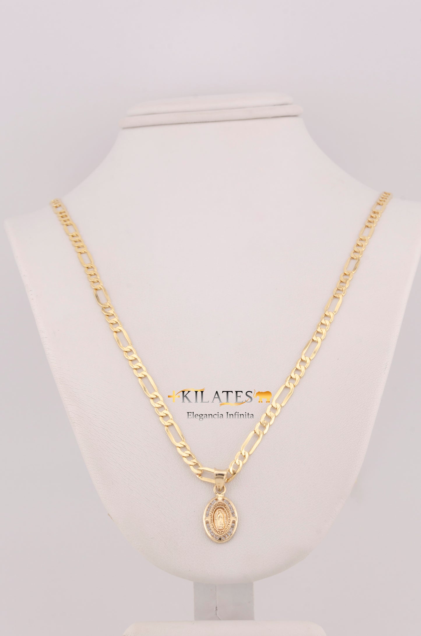 "CADENA PARA DAMA ESTILO 3+1 CON DIJE OVALADO MEDIANO DE LA VIRGEN CON ZIRCONIA BLANCA. ORO 10K #775-3646"