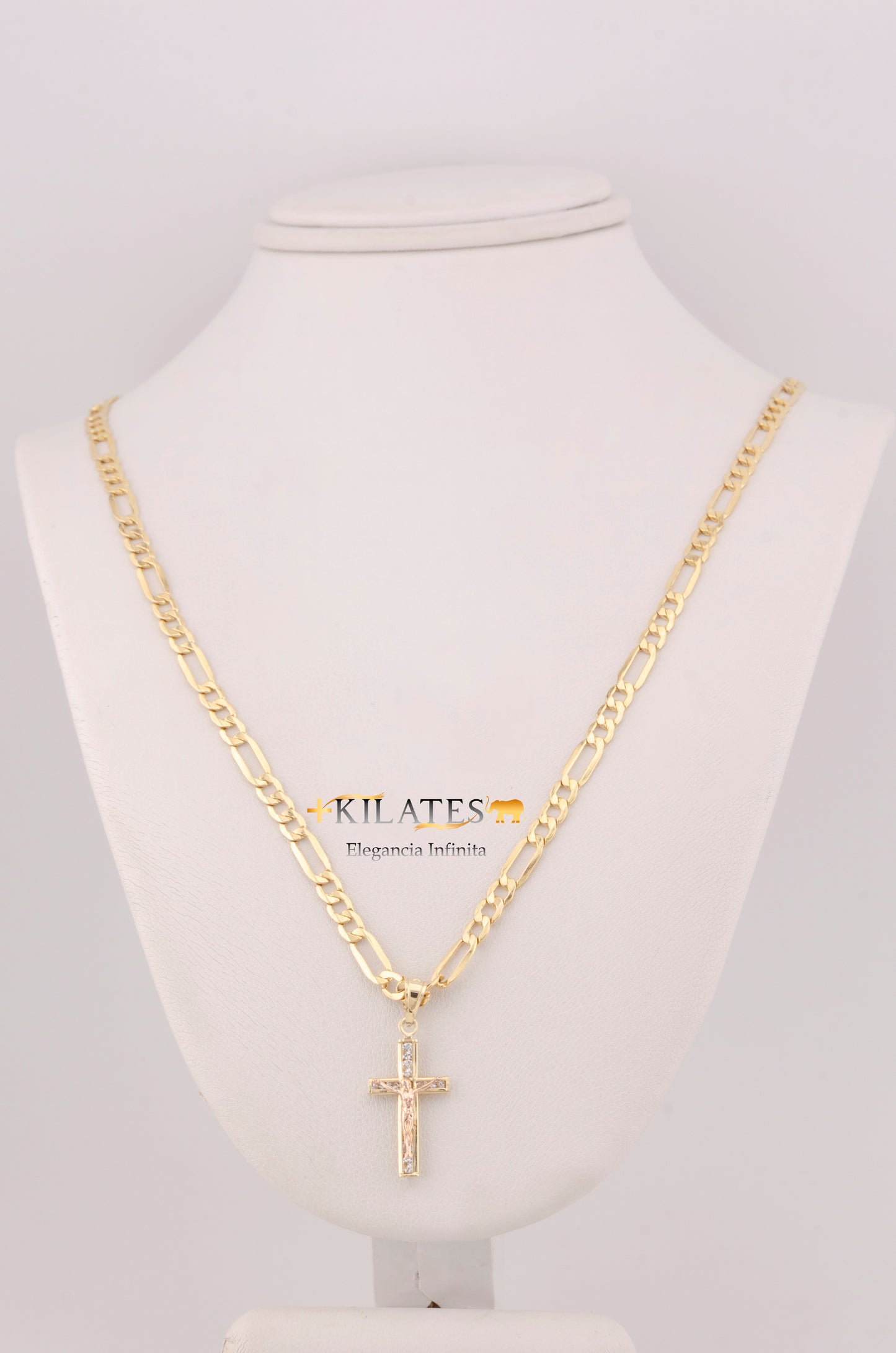 "CADENA PARA DAMA ESTILO 3+1 CON DIJE DE CRUZ 3 TONOS CON JESUCRISTO. ORO 10K #775-3650"