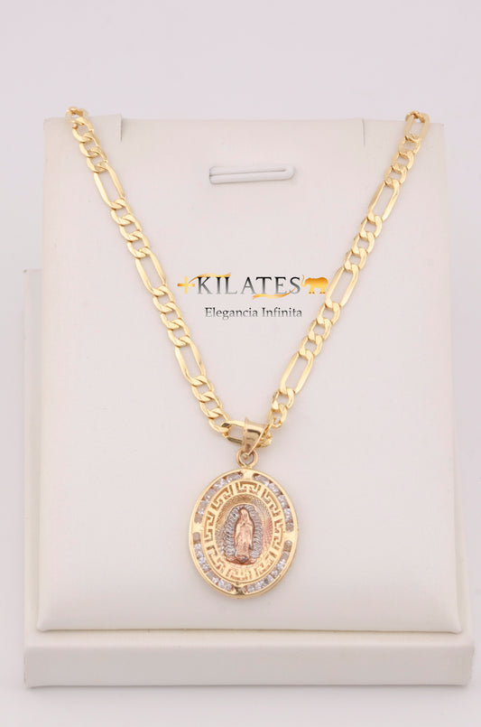 "CADENA PARA DAMA ESTILO 3+1 CON DIJE OVALADO GRANDE DE LA VIRGEN CON ZIRCONIA BLANCA. ORO 10K #775-3642"