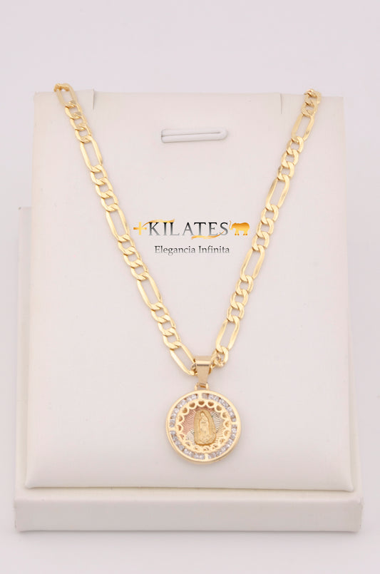 "CADENA PARA DAMA ESTILO 3+1 CON DIJE REDONDO MEDIANO DE LA VIRGEN CON ZIRCONIA BLANCA. ORO 10K #775-3643"
