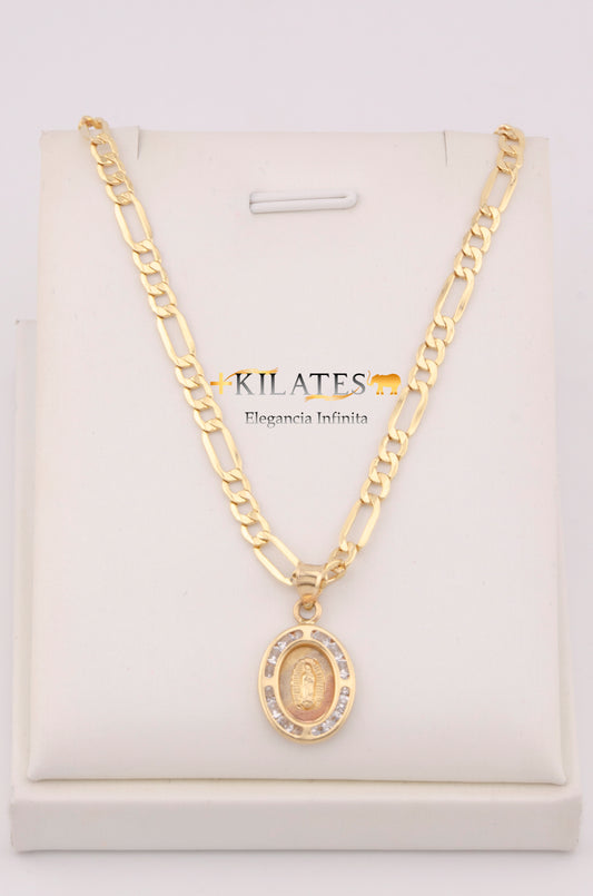 "CADENA PARA DAMA ESTILO 3+1 CON DIJE OVALADO MEDIANO DE LA VIRGEN CON ZIRCONIA BLANCA. ORO 10K #775-3644"