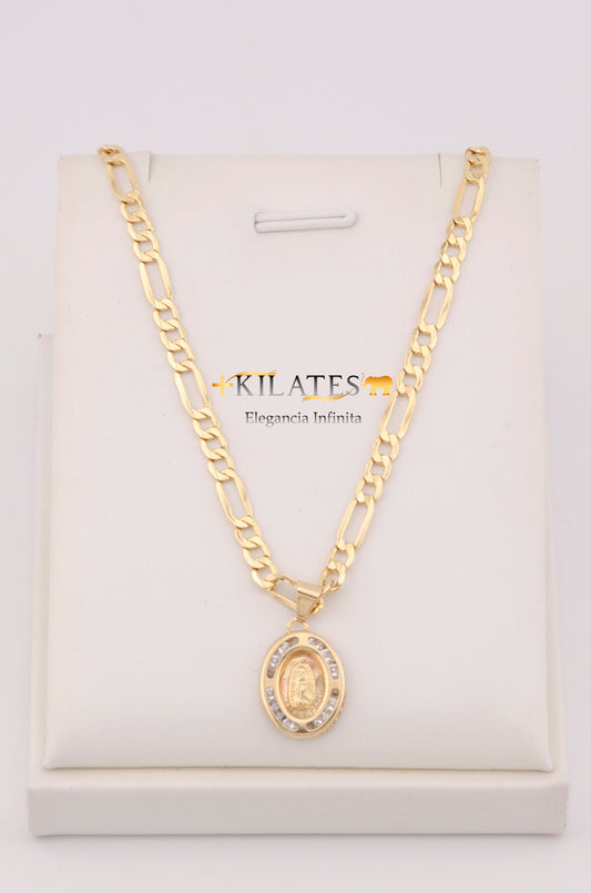 "CADENA PARA DAMA ESTILO 3+1 CON DIJE OVALADO MEDIANO DE LA VIRGEN CON ZIRCONIA BLANCA. ORO 10K #775-3645"