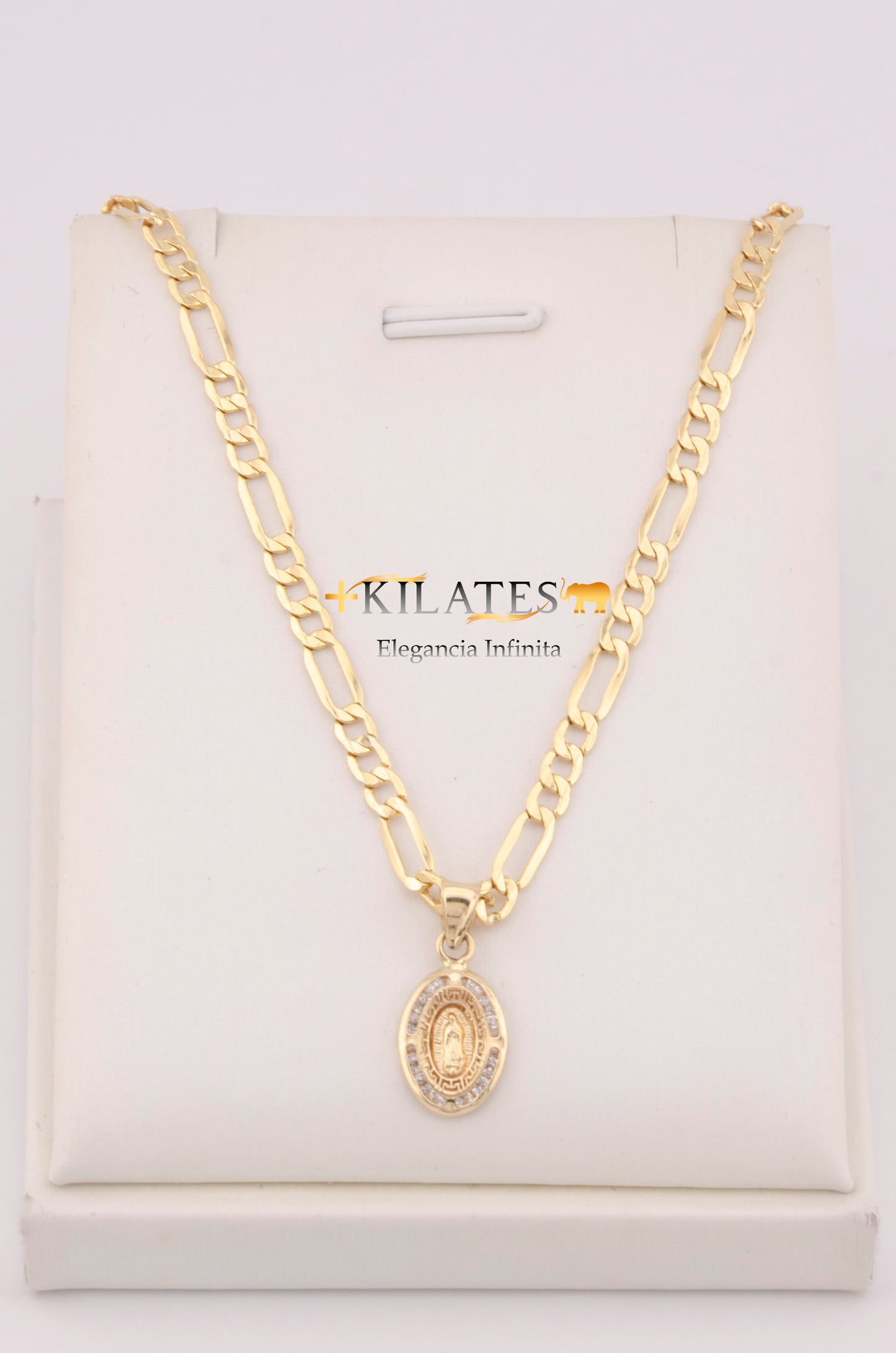 "CADENA PARA DAMA ESTILO 3+1 CON DIJE OVALADO MEDIANO DE LA VIRGEN CON ZIRCONIA BLANCA. ORO 10K #775-3646"