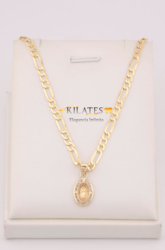 "CADENA PARA DAMA ESTILO 3+1 CON DIJE OVALADO MEDIANO DE LA VIRGEN CON ZIRCONIA BLANCA. ORO 10K #775-3646"