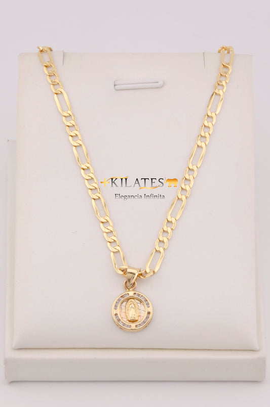 "CADENA PARA DAMA ESTILO 3+1 CON DIJE REDONDO PEQUEÑO DE LA VIRGEN CON ZIRCONIA BLANCA. ORO 10K #775-3648"