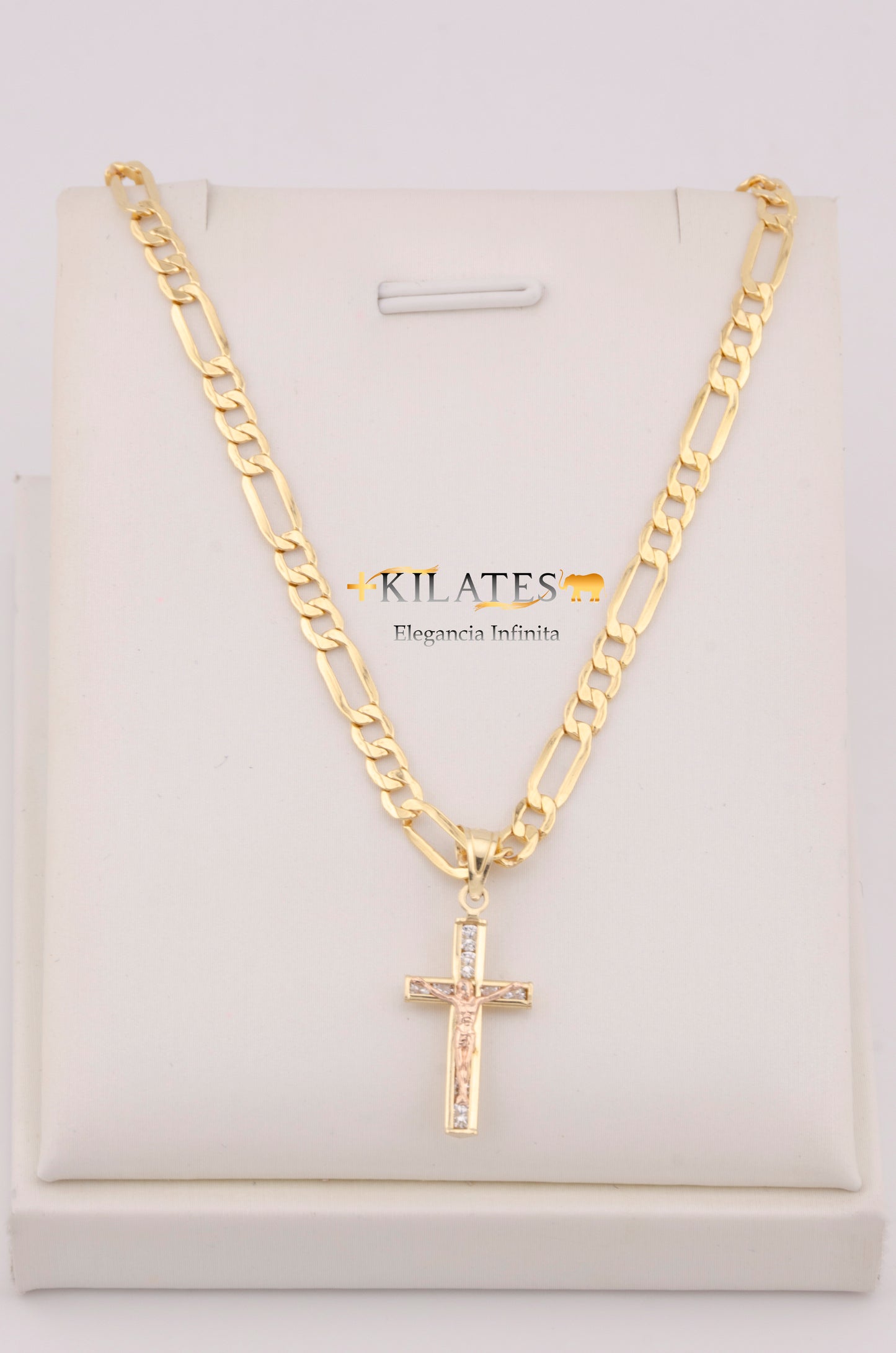 "CADENA PARA DAMA ESTILO 3+1 CON DIJE DE CRUZ 3 TONOS CON JESUCRISTO. ORO 10K #775-3650"