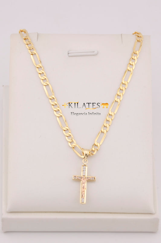 "CADENA PARA DAMA ESTILO 3+1 CON DIJE DE CRUZ 3 TONOS CON JESUCRISTO. ORO 10K #775-3650"