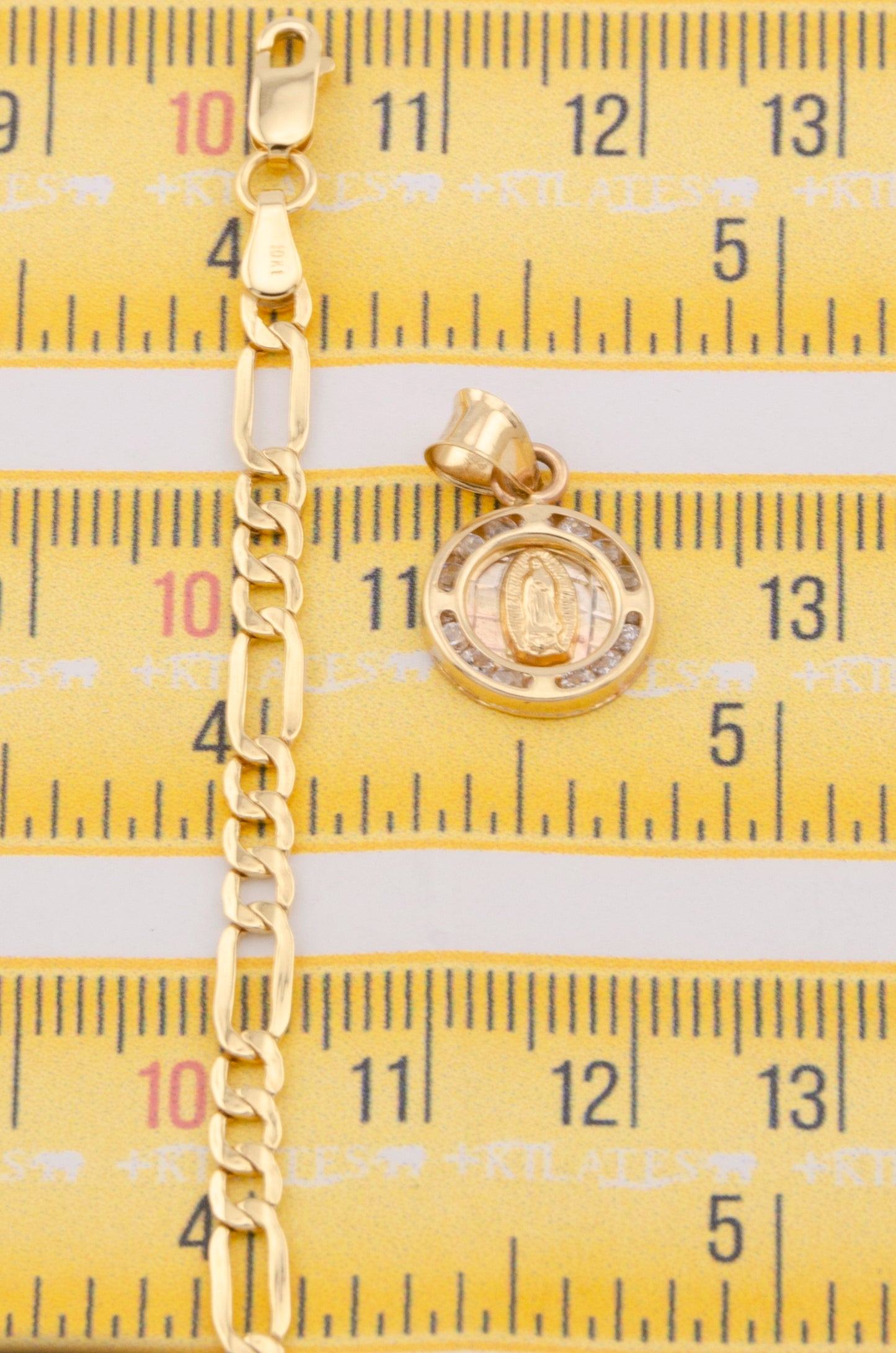 "CADENA PARA DAMA ESTILO 3+1 CON DIJE REDONDO PEQUEÑO DE LA VIRGEN CON ZIRCONIA BLANCA. ORO 10K #775-3648"