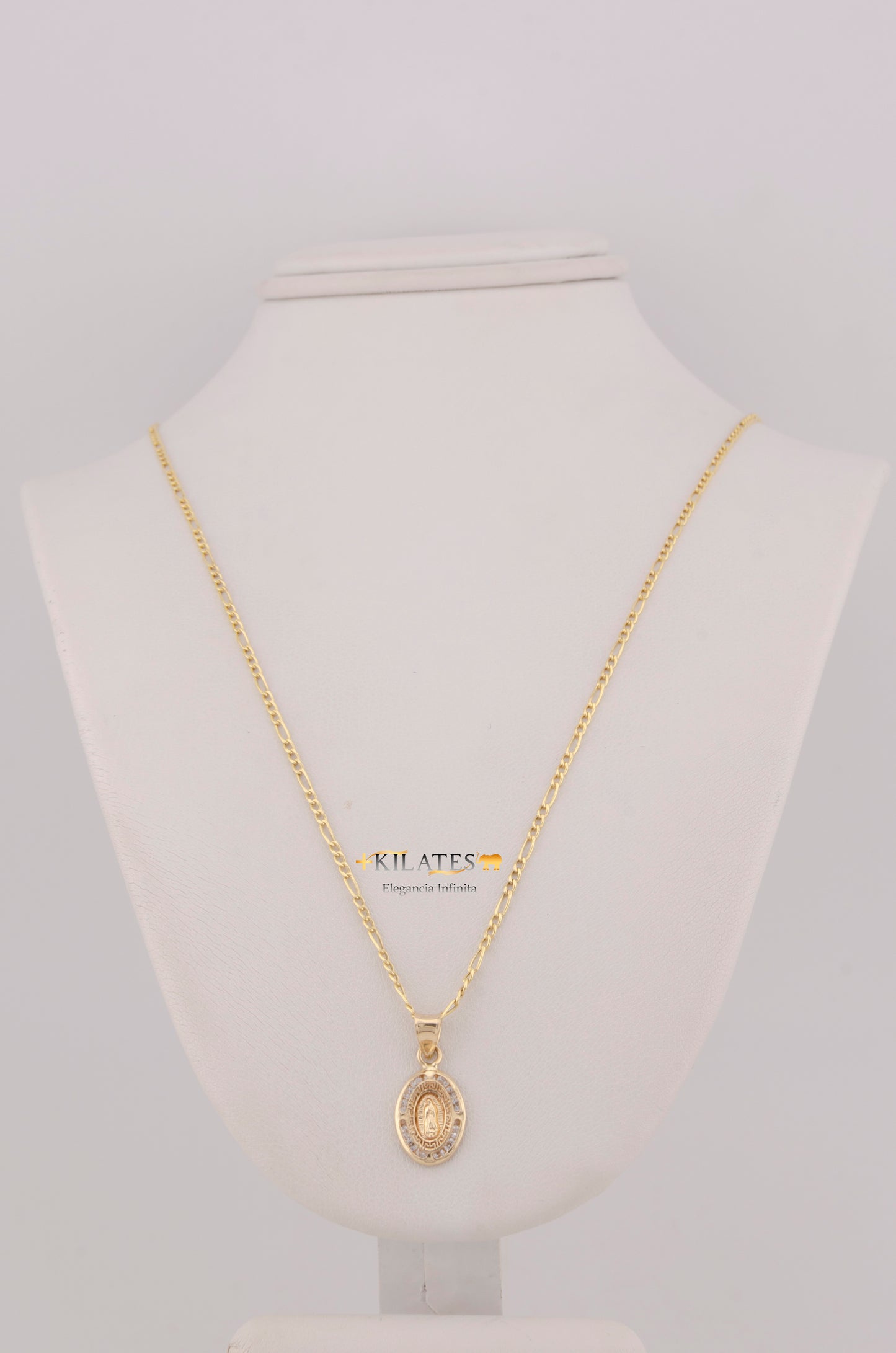" CADENA PARA DAMA DE 50CM ESTILO 3+1 CON DIJE OVALADO DE LA VIRGEN. ORO 10K #775-3752"