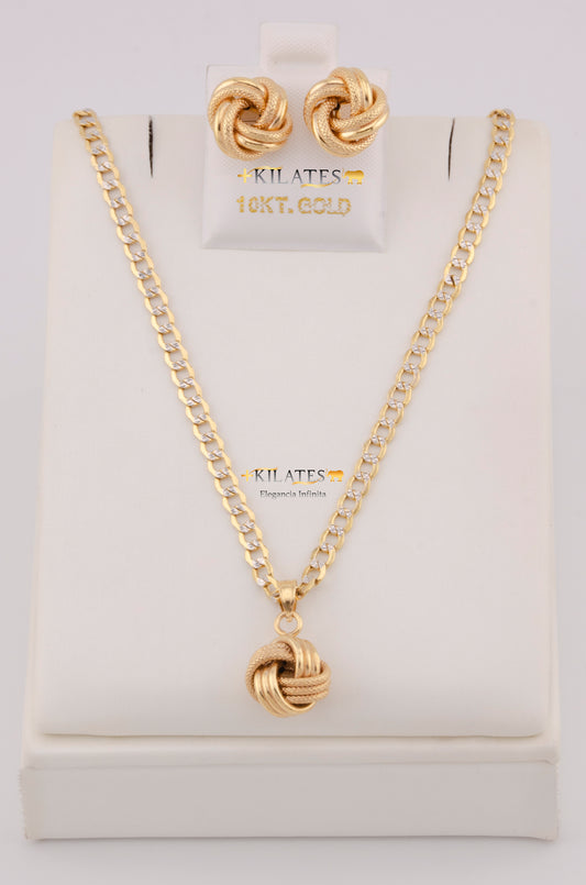 "SET DE CADENA ESTILO CUBANA DIAMANTADA DE 50CM PARA DAMA CON DIJE Y ARETES DE NUDO. ORO 10K #775-3796"