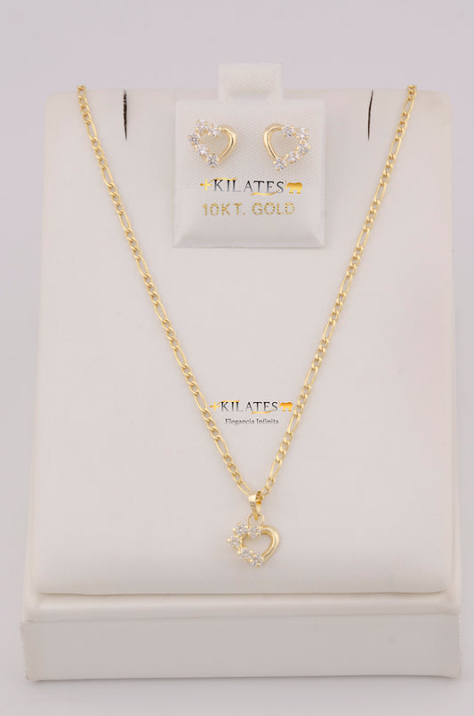 "SET DE CADENA ESTILO 3+1 DE 50CM PARA DAMA CON DIJE Y ARETES DE CORAZON CON ZIRCONIA BLANCA. ORO 10K #775-3815"