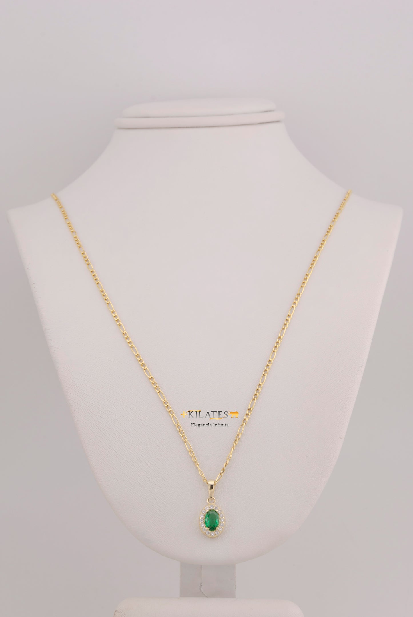 "CADENA DE 50CM PARA DAMA ESTILO 3+1 CON DIJE OVALADO BLANCO CON VERDE. ORO 10K #775-3844"
