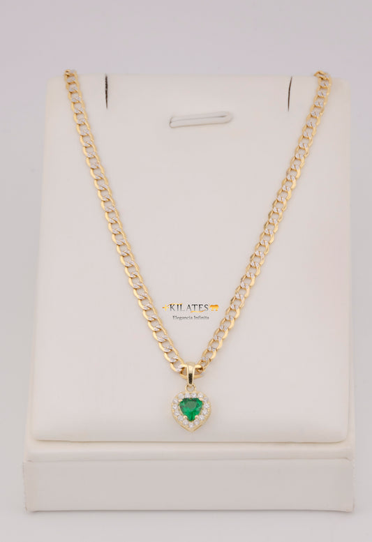 "CADENA DE 50CM PARA DAMA ESTILO CUBANA DIAMANTADA CON DIJE DE CORAZON BLANCO CON VERDE. ORO 10K #775-3830"