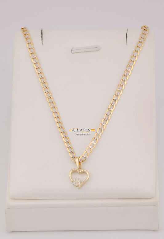 "CADENA DE 50CM PARA DAMA ESTILO CUBANA DIAMANTADA CON DIJE DE CORAZON CON ZIRCONIA BLANCA. ORO 10K #775-3835"