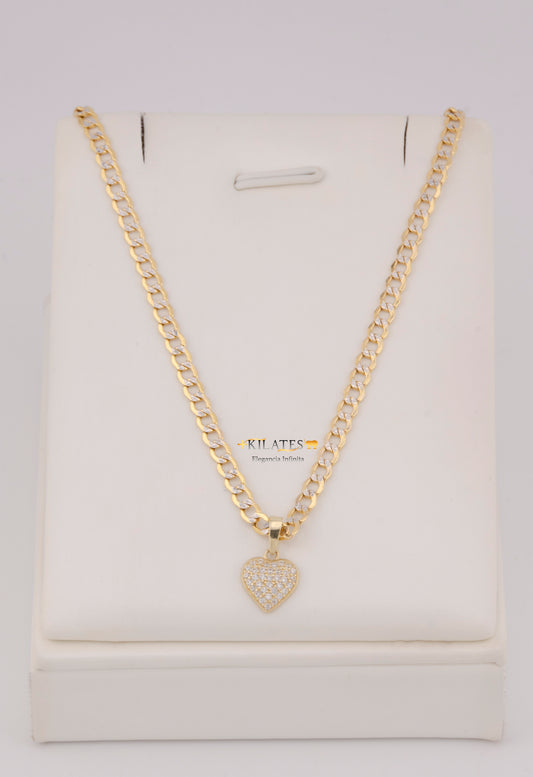 "CADENA DE 50CM PARA DAMA ESTILO CUBANA DIAMANTADA CON DIJE DE CORAZON CON ZIRCONIA BLANCA. ORO 10K #775-3840"