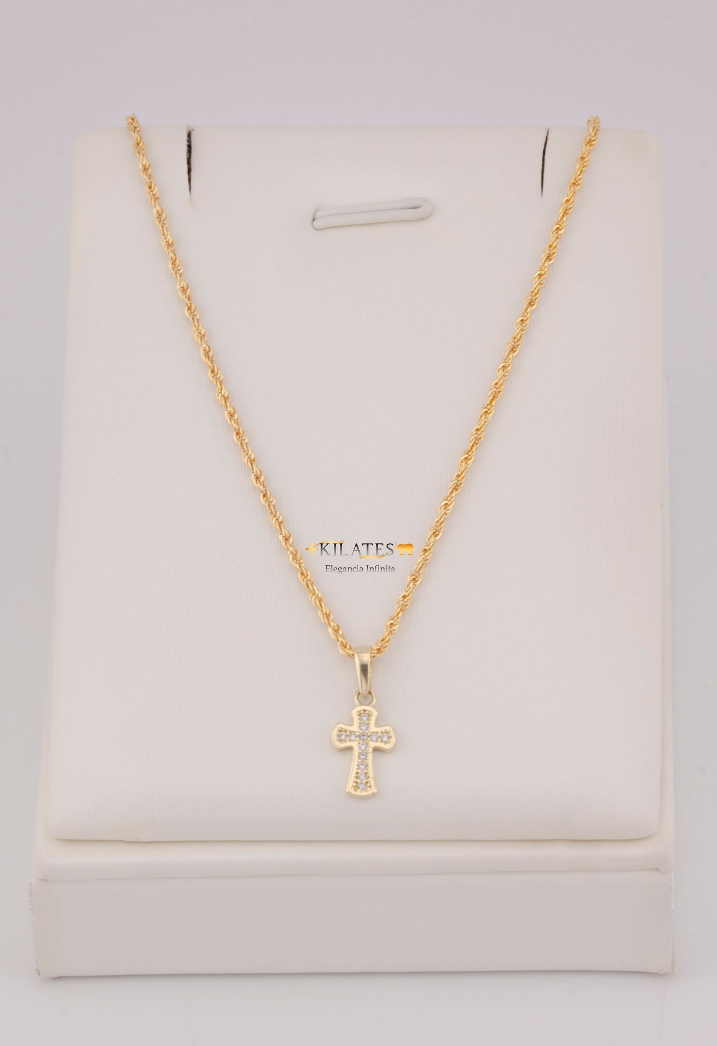 "CADENA DE 50CM PARA DAMA ESTILO LAZO CON DIJE DE CRUZ CON ZIRCONIA BLANCA. ORO 10K #775-3848"