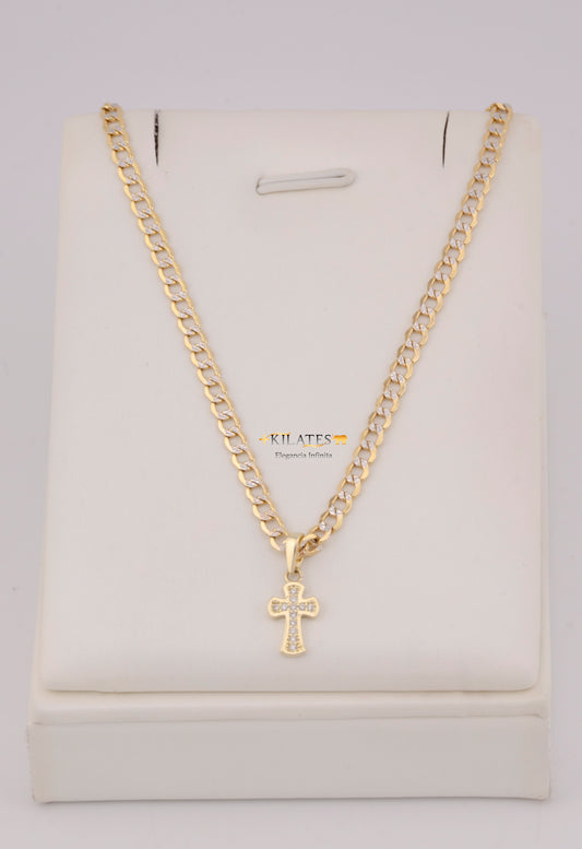 "CADENA DE 50CM PARA DAMA ESTILO CUBANA DIAMANTADA CON DIJE DE CRUZ CON ZIRCONIA BLANCA. ORO 10K #775-3850"