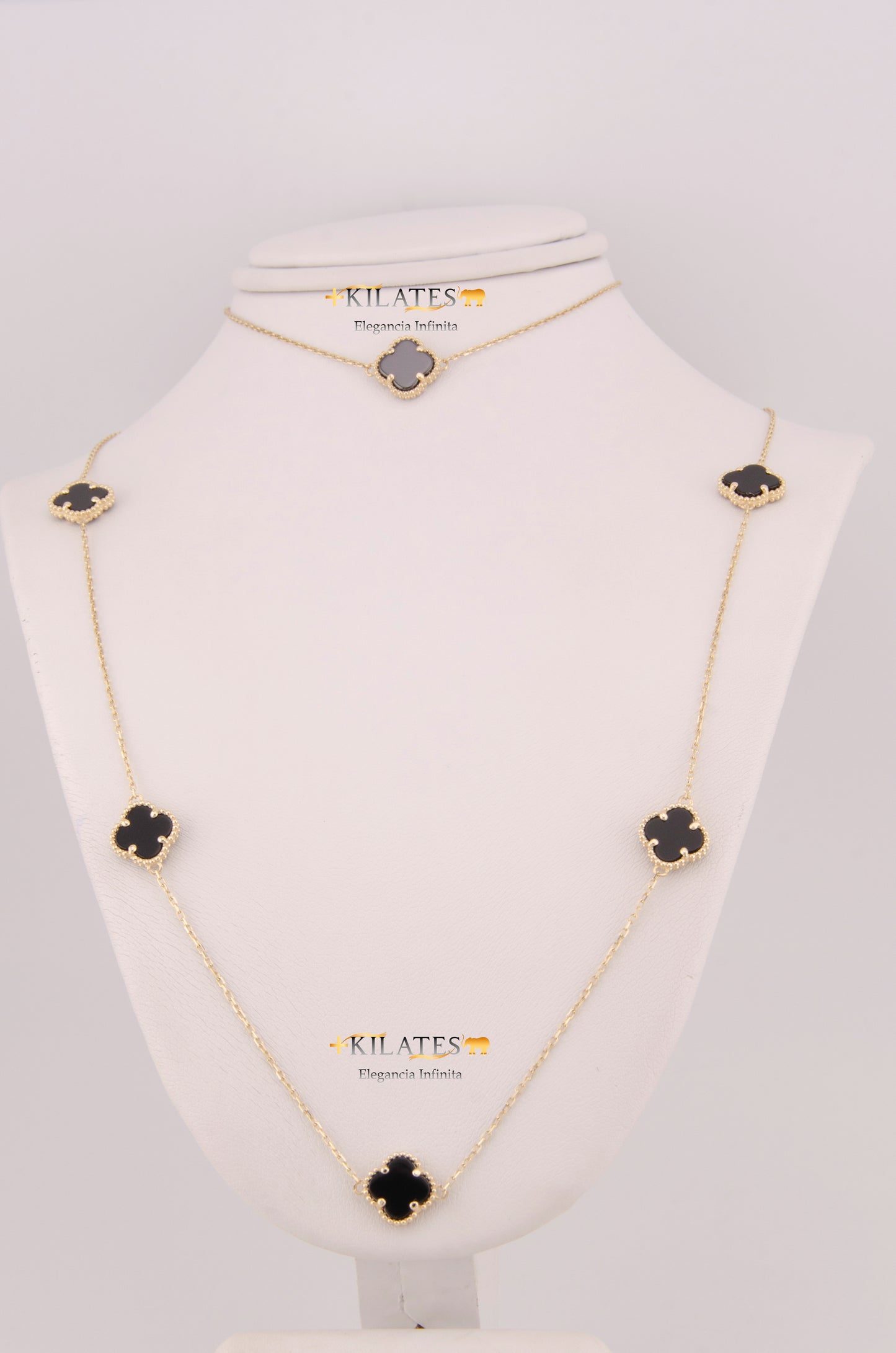 "SET PARA DAMA AJUSTABLE CON CADENA DE : 45CM-47.5CM Y PULSERA DE 18.5CM-20CM CON TREBOLES. ORO 14K #775-3856"