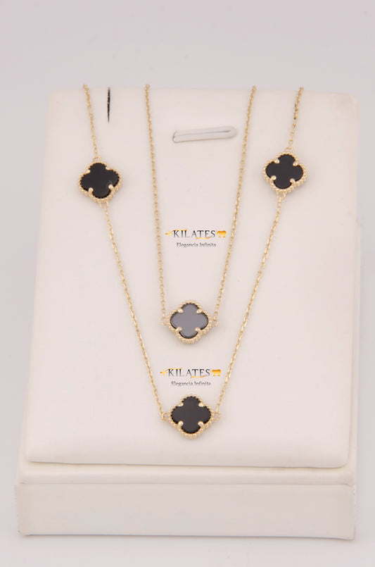 "SET PARA DAMA AJUSTABLE CON CADENA DE : 45CM-47.5CM Y PULSERA DE 18.5CM-20CM CON TREBOLES. ORO 14K #775-3856"