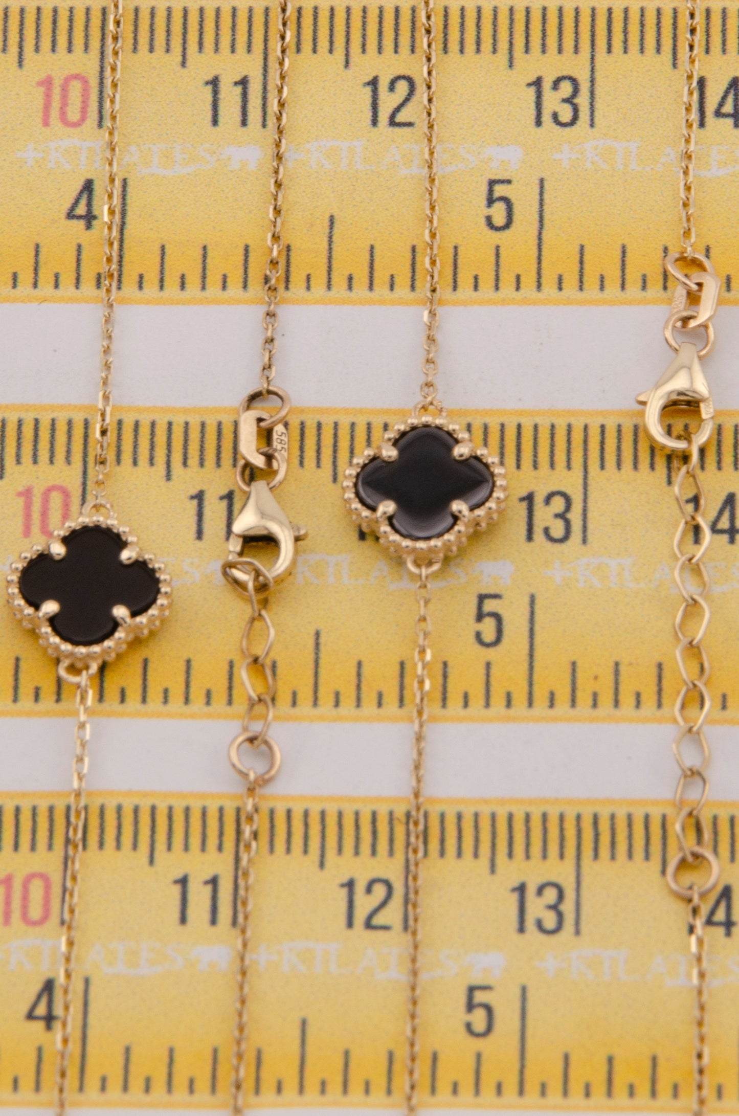 "SET PARA DAMA AJUSTABLE CON CADENA DE : 45CM-47.5CM Y PULSERA DE 18.5CM-20CM CON TREBOLES. ORO 14K #775-3856"