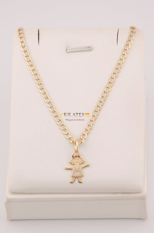 "CADENA PARA NIÑ@ DE 40CM ESTILO CUBANA DIAMANTADA CON DIJE DE NIÑA. ORO 10K #775-3860"