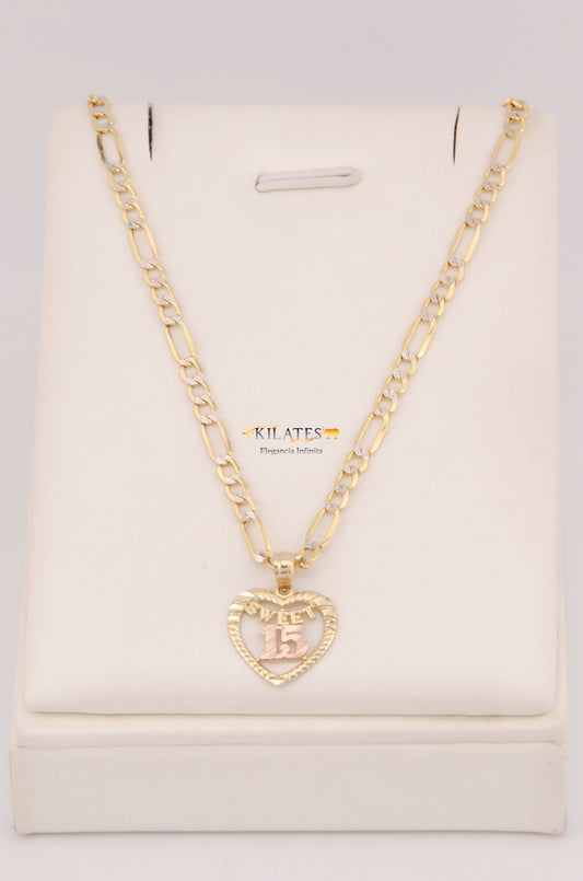 "CADENA DE 50CM PARA DAMA ESTILO 3+1 DIAMANTADA CON DIJE DE 15 AÑOS. ORO 10K #775-3894"