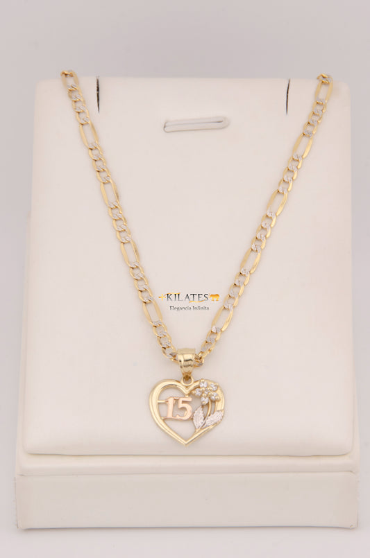 "CADENA DE 50CM PARA DAMA ESTILO 3+1 DIAMANTADA CON DIJE DE 15 AÑOS. ORO 10K #775-3896"