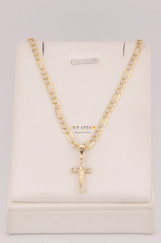 "CADENA DE 50CM PARA DAMA ESTILO 3+1 DIAMANTADA CON DIJE DE CRUZ CON JESUCRISTO. ORO 10K #775-3897"