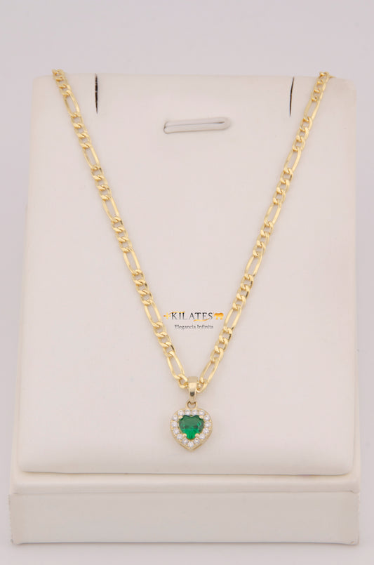 "CADENA DE 50CM PARA DAMA ESTILO 3+1 CON DIJE DE CORAZON BLANCO CON VERDE. ORO 10K #775-3905"